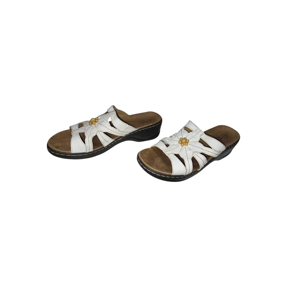 Clarks Lexi Myrtle White Leather Floral Slide Wedge Sandals 65117 Womens 10M
